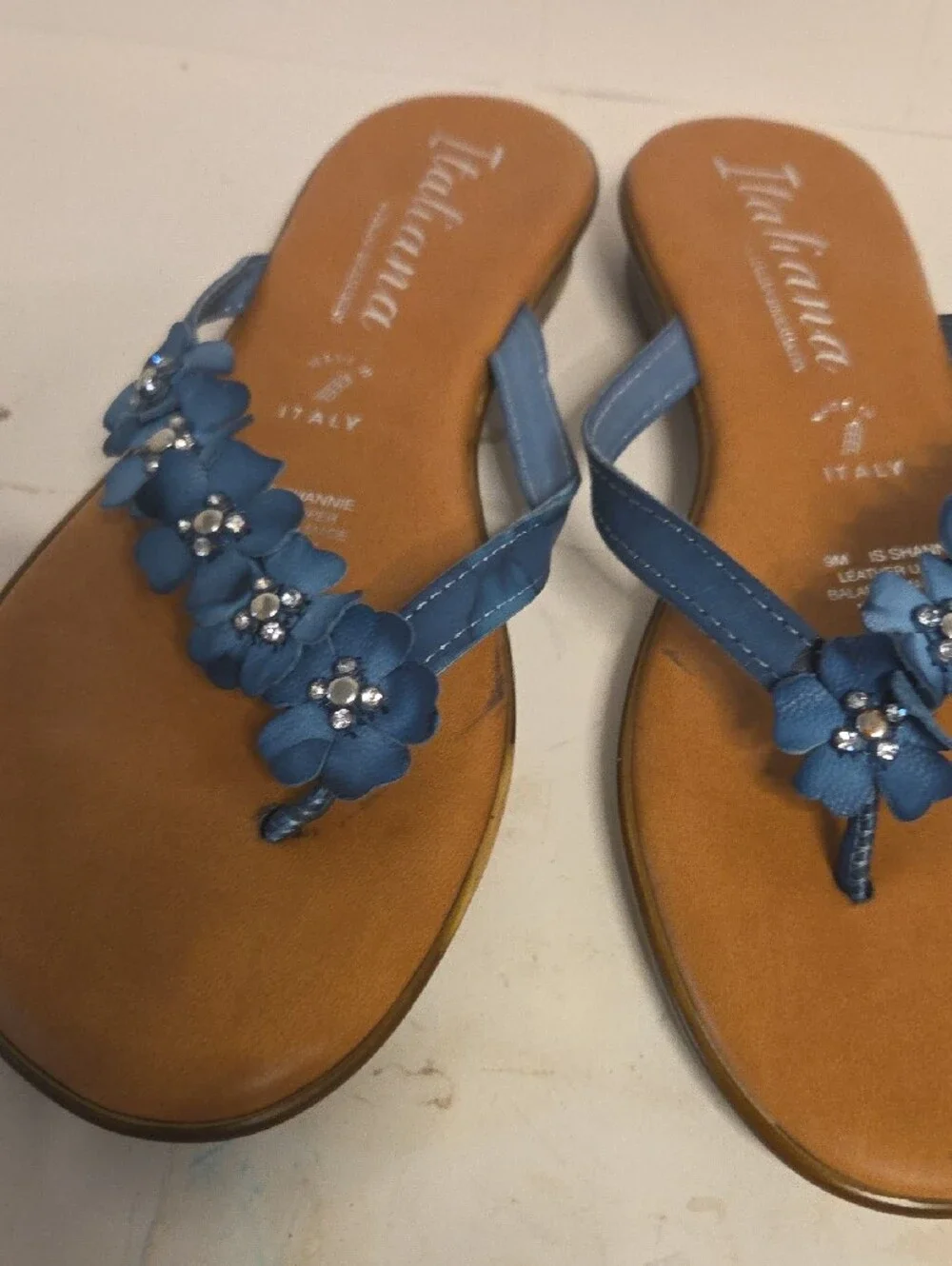 Italian Shoemakers Blue Floral Toe-Post Sandals with Crystal Centers
